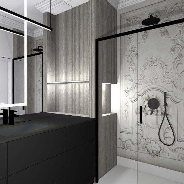 Botanika  Invest Komfort Jelitkowo, drugie mieszkanie w tej samej lokalizacji do aranżacji . Tu pierwsze podejście łazienka z pralko- suszarką w zabudowie podblatowej. Monochromatycznie.#bathroom #design #interiordesign , wet system#waterproof #wallpaper by #wall&deco#wallpaper #walldesign #luxurylifestyle #luxuryhomes #gdansk #sopot #gdynia