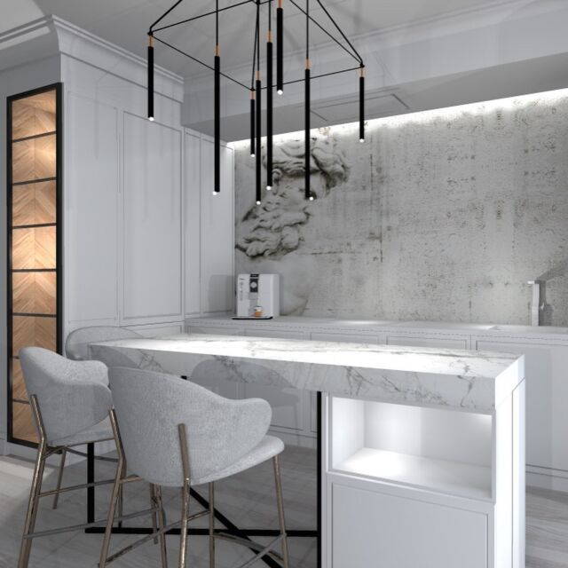 Kuchnia z widokiem na Motławę w Gdańsku i pas kamieniczek, ściana włoska tapeta Wall&deco , #wallpaper by  #wallanddeco #interiordesign #architect #kitchendesign #furnituredesign #walldecoration #gdansk