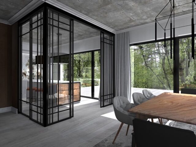 Dom w lesie, okolice Gdańska. Surowy beton i przeszklenia loftowe. #interiordesign #interiordesigner #wall #walldecoration #architecture #interior #walldesign #furnituredesign #luxuryhomes #architekturawnętrz #gdansk